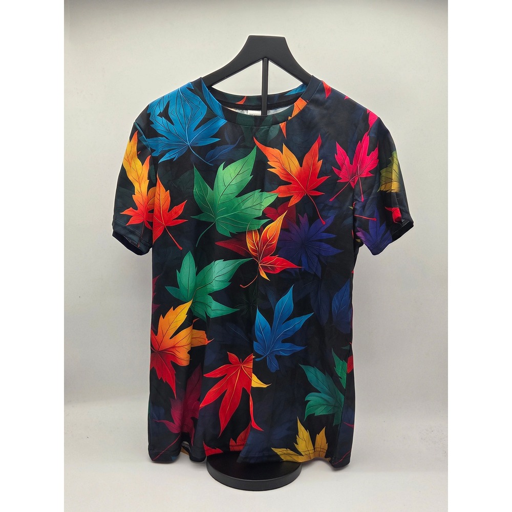 Multicolor Maple Leaf Print T-Shirt Black Short Sleeve Size XL 101-867
